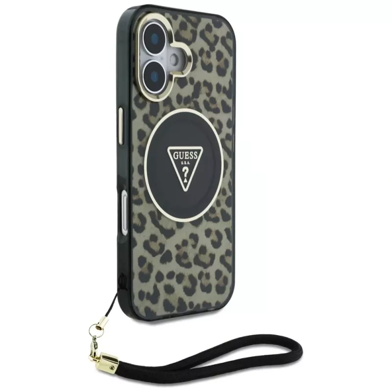 Guess HC IML Leopard Triangle puzdro pre iPhone 16 so šnúrkou, hnedá, MagSafe