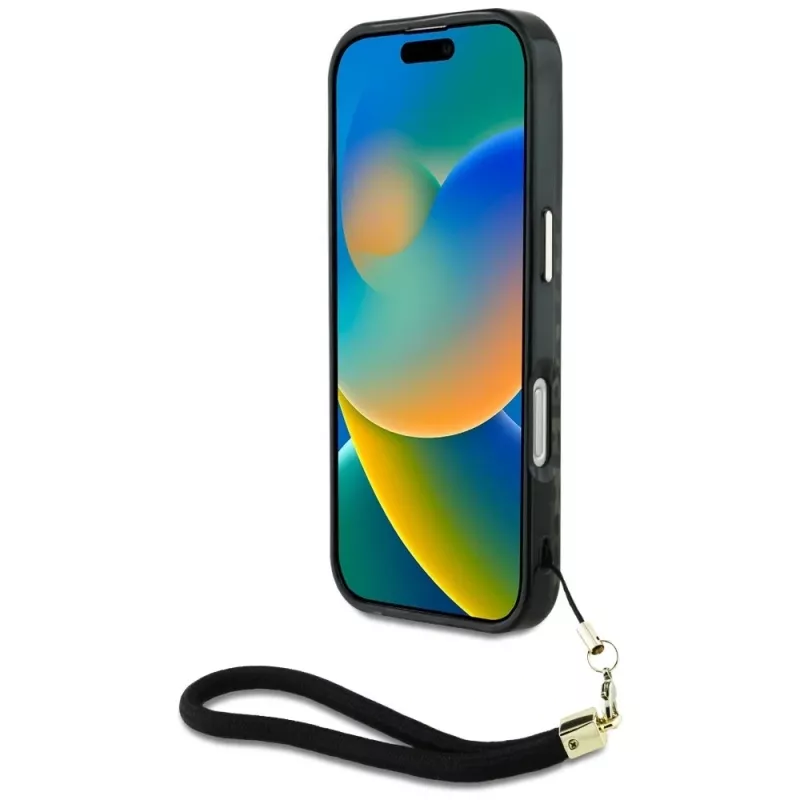 Guess HC IML Leopard Triangle puzdro pre iPhone 16 so šnúrkou, hnedá, MagSafe