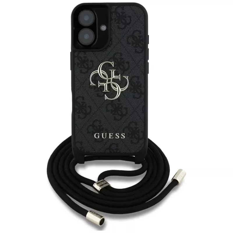 Guess 4G Big Logo Cord Strap Crossbody puzdro pre iPhone 16, čierna
