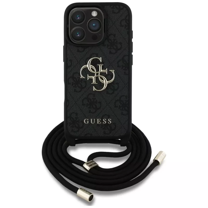 Guess 4G Big Logo Cord Strap Crossbody puzdro pre iPhone 16 Pro (čierna)