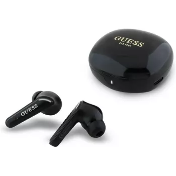 Guess Flat Classic Logo Electroplated TWS slúchadlá s nabíjacím puzdrom (čierna)