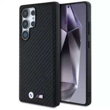 BMW kožené puzdro Leather Carbon MagSafe pre Samsung Galaxy S25 Ultra čierna