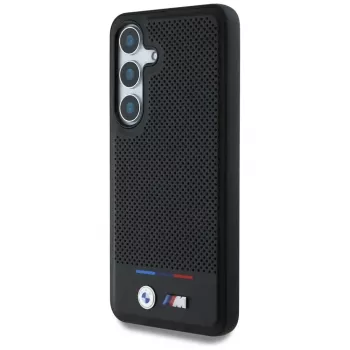 BMW kožené puzdro s trikolórovými pruhmi MagSafe pre Samsung Galaxy S25 čierna