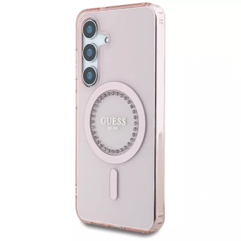 Guess puzdro Rhinestones Printed Classic Logo MagSafe pre Samsung Galaxy S25 (ružová)