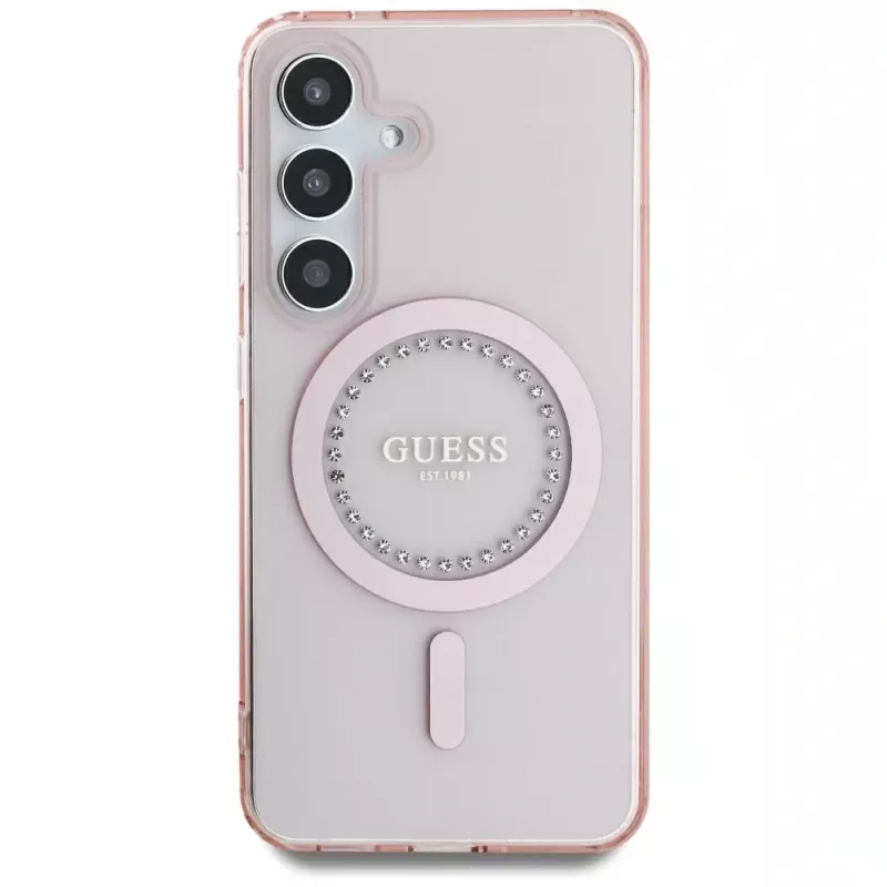 Guess puzdro Rhinestones Printed Classic Logo MagSafe pre Samsung Galaxy S25 (ružová)