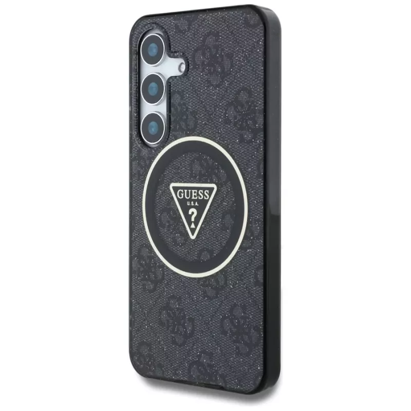 Guess puzdro 4G Glitter Triangle Buttons MagSafe pre Samsung Galaxy S25, čierna