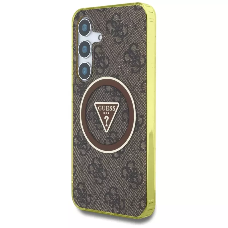 Guess puzdro 4G Glitter Triangle Buttons MagSafe pre Samsung Galaxy S25 (hnedá)