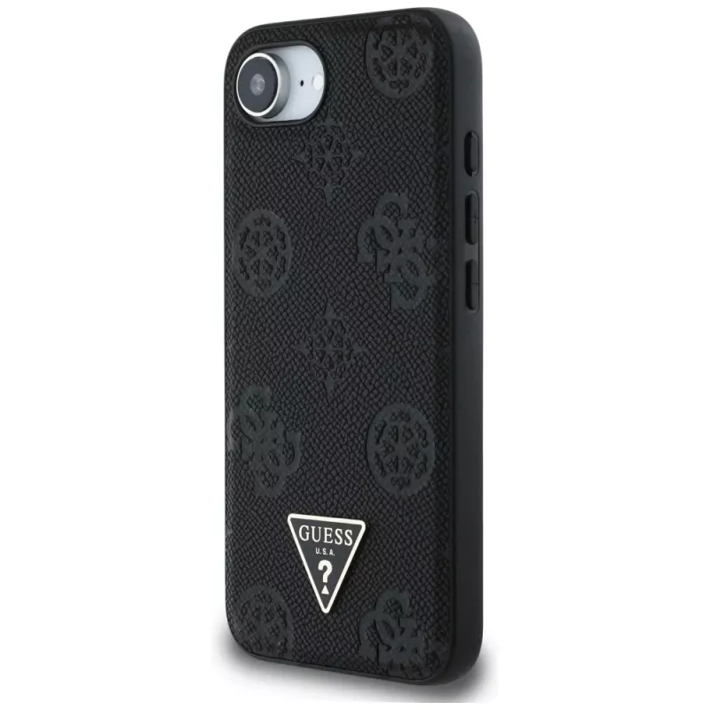 Guess Grained Hot Stamp Peony Triangle Logo MagSafe puzdro pre iPhone 16e (čierna)