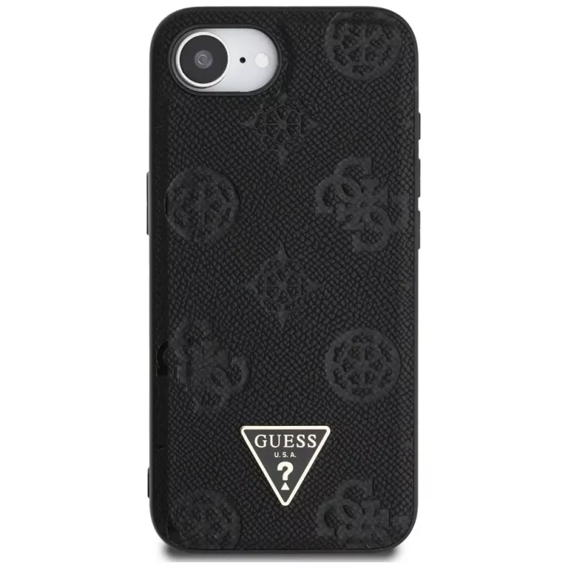 Guess Grained Hot Stamp Peony Triangle Logo MagSafe puzdro pre iPhone 16e (čierna)
