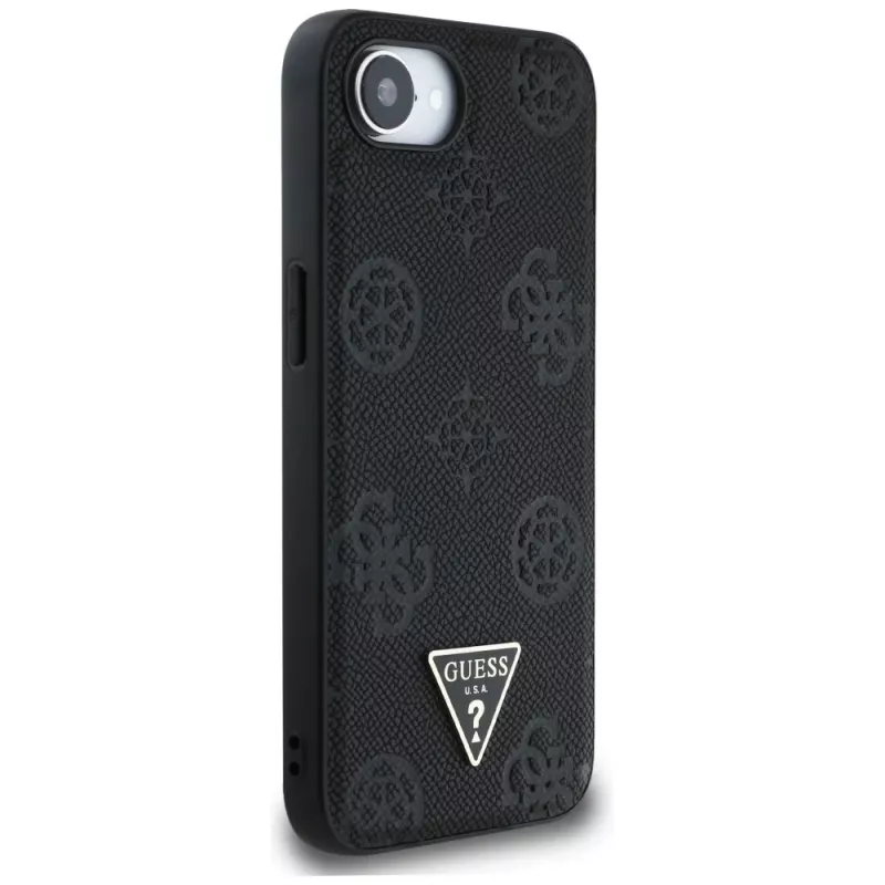 Guess Grained Hot Stamp Peony Triangle Logo MagSafe puzdro pre iPhone 16e (čierna)