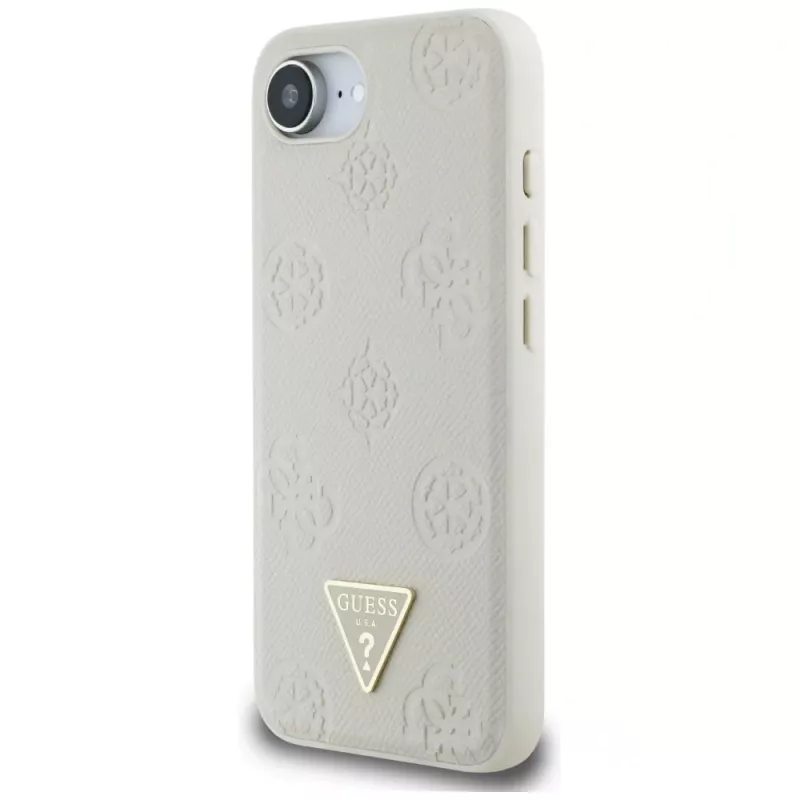 Guess Grained Hot Stamp Peony Triangle Logo MagSafe puzdro pre iPhone 16e (béžová)