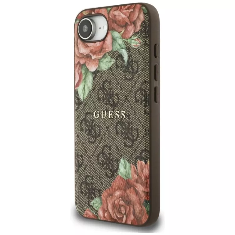 Guess 4G Flowers Print MagSafe puzdro pre iPhone 16e / 17e hnedá