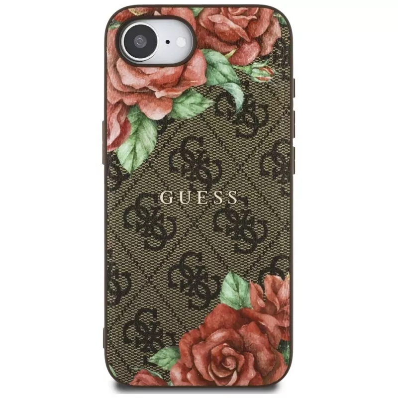 Guess 4G Flowers Print MagSafe puzdro pre iPhone 16e / 17e hnedá