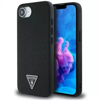 Guess Grained Triangle MagSafe puzdro pre iPhone 16e (čierna)