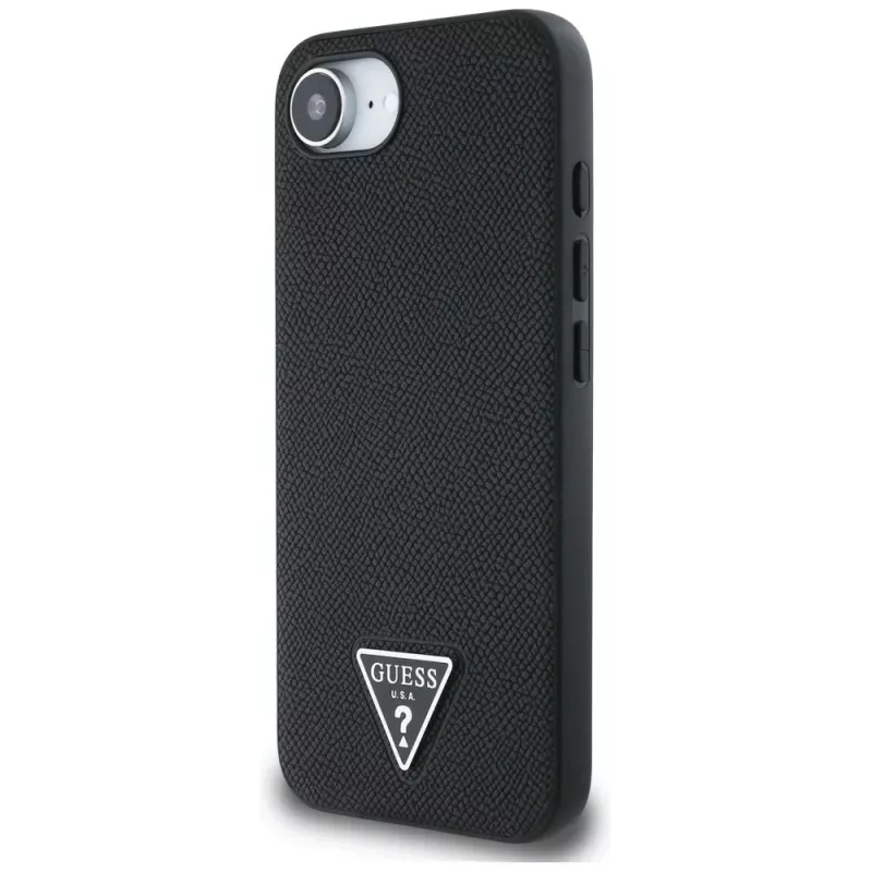 Guess Grained Triangle MagSafe puzdro pre iPhone 16e (čierna)