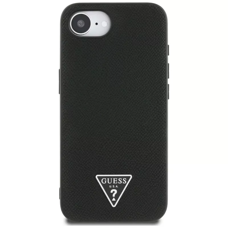 Guess Grained Triangle MagSafe puzdro pre iPhone 16e (čierna)