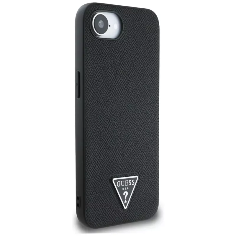 Guess Grained Triangle MagSafe puzdro pre iPhone 16e (čierna)