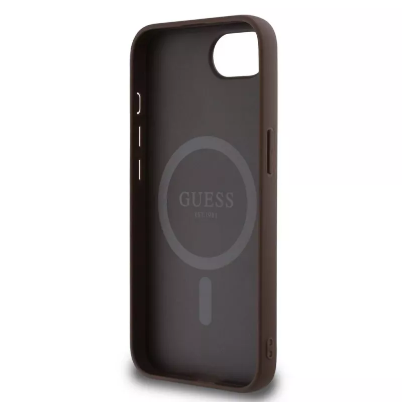 Guess 4G Ring Triangle Logo MagSafe puzdro pre iPhone 16e (hnedá)