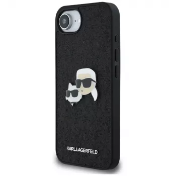 Karl Lagerfeld Fixed Glitter Karl & Choupette Heads Metal Pin puzdro pre Apple iPhone 16e (čierna)