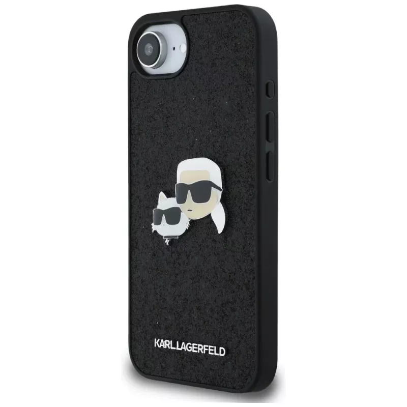 Karl Lagerfeld Fixed Glitter Karl & Choupette Heads Metal Pin puzdro pre Apple iPhone 16e (čierna)