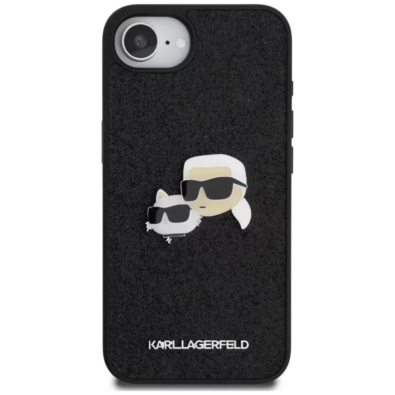 Karl Lagerfeld Fixed Glitter Karl & Choupette Heads Metal Pin puzdro pre Apple iPhone 16e (čierna)