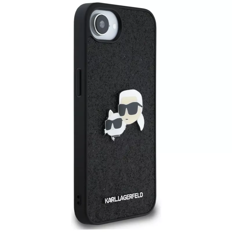 Karl Lagerfeld Fixed Glitter Karl & Choupette Heads Metal Pin puzdro pre Apple iPhone 16e (čierna)