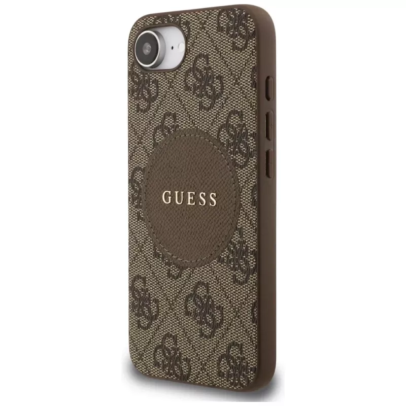 Guess 4G Circle Classic Logo MagSafe puzdro pre iPhone 16e (hnedá)