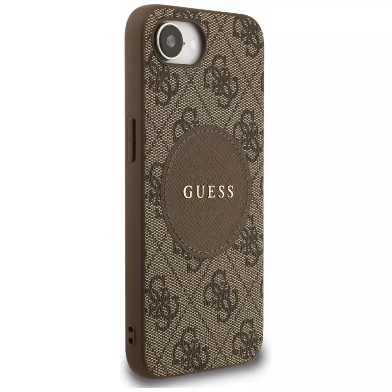 Guess 4G Circle Classic Logo MagSafe puzdro pre iPhone 16e (hnedá)