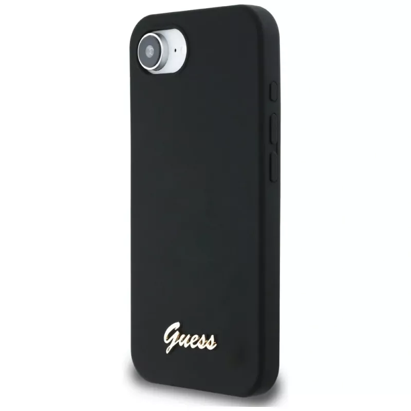 Guess Silicone Script Metal Logo MagSafe puzdro pre iPhone 16e (čierna)