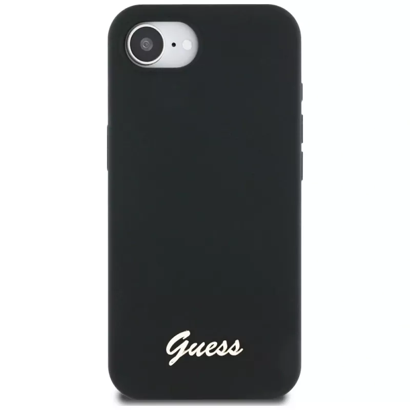 Guess Silicone Script Metal Logo MagSafe puzdro pre iPhone 16e (čierna)