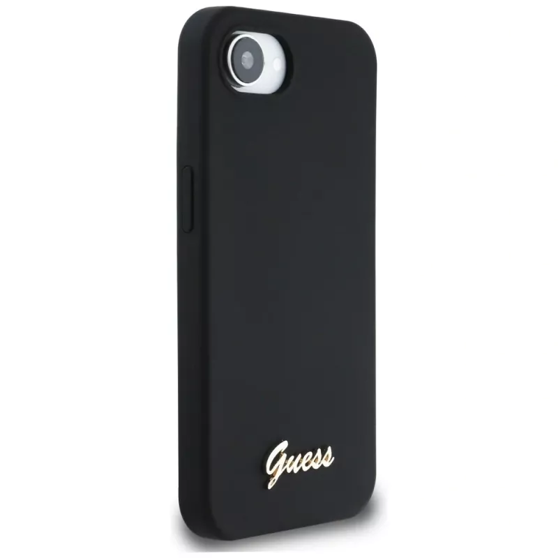 Guess Silicone Script Metal Logo MagSafe puzdro pre iPhone 16e (čierna)