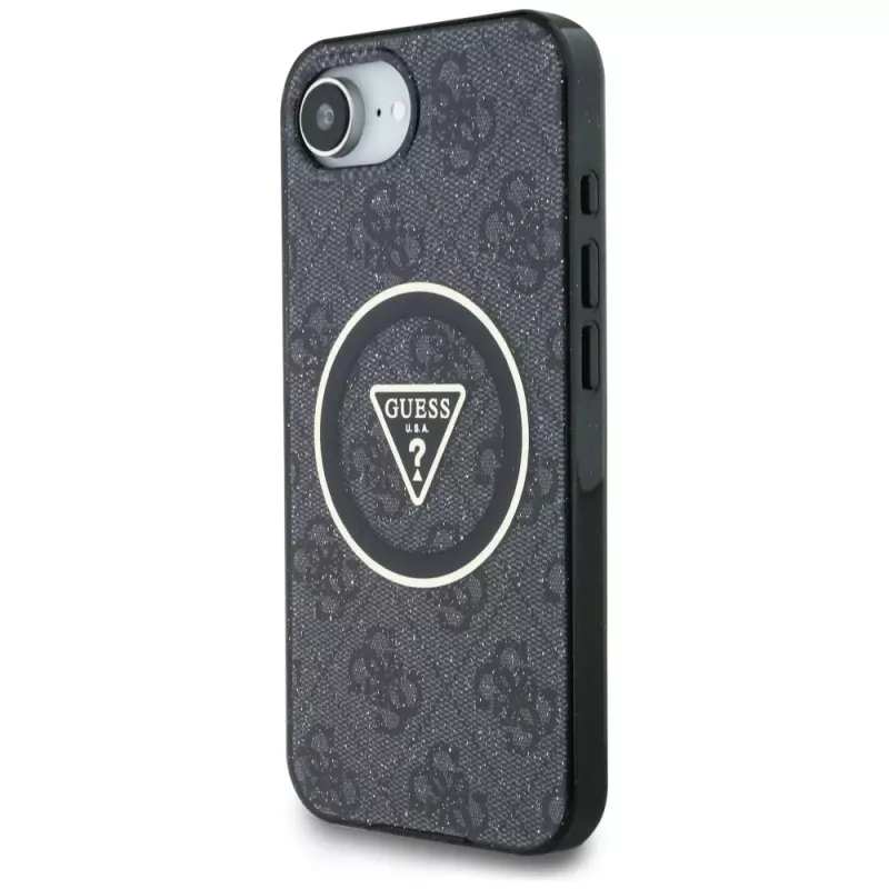 Guess IML Metal Glitter 4G Circle Triangle MagSafe puzdro pre iPhone 16e (čierna)