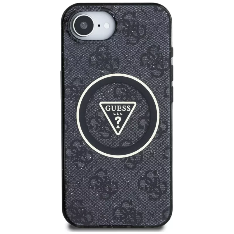 Guess IML Metal Glitter 4G Circle Triangle MagSafe puzdro pre iPhone 16e (čierna)