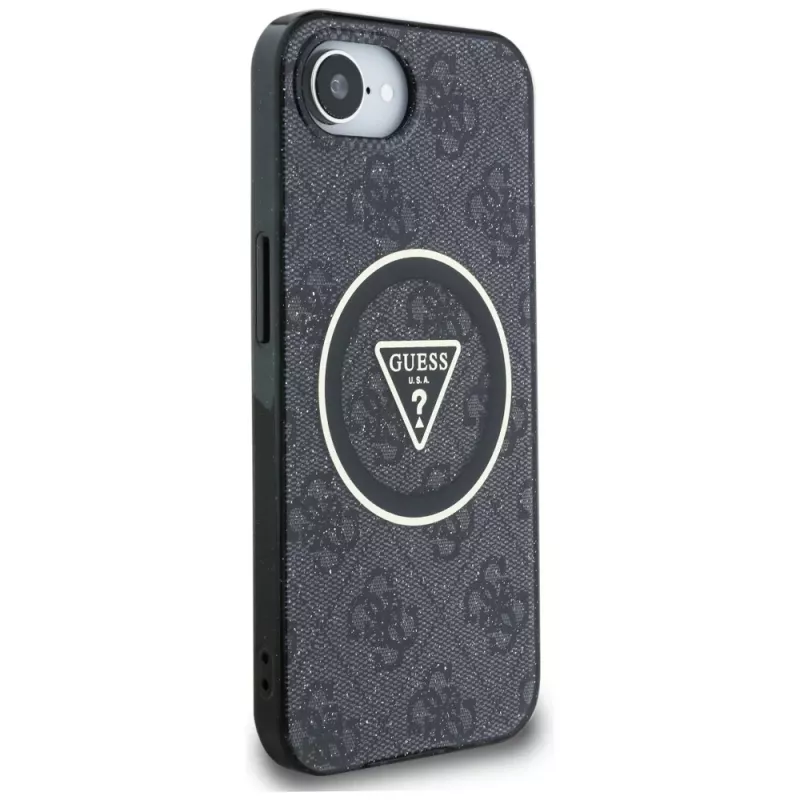 Guess IML Metal Glitter 4G Circle Triangle MagSafe puzdro pre iPhone 16e (čierna)
