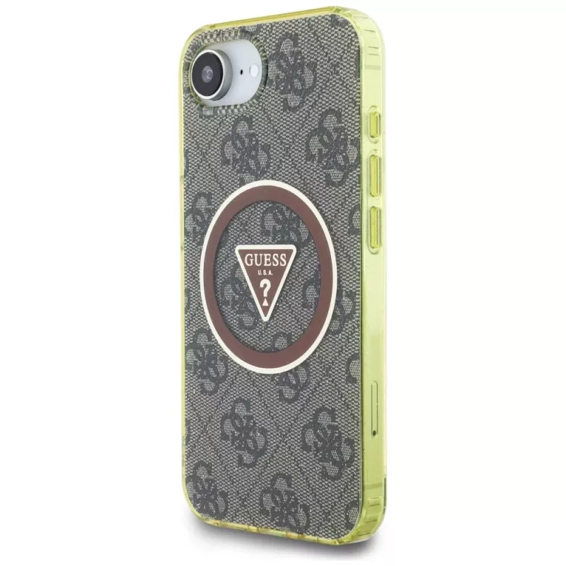 Guess IML Metal Glitter 4G Circle Triangle MagSafe puzdro pre Apple iPhone 16e (hnedá)