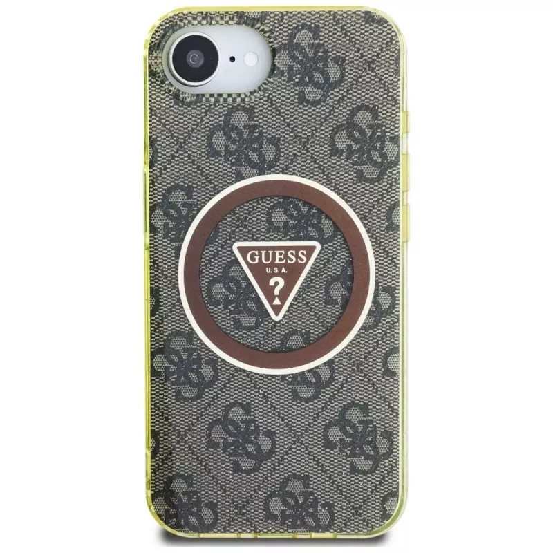 Guess IML Metal Glitter 4G Circle Triangle MagSafe puzdro pre Apple iPhone 16e (hnedá)