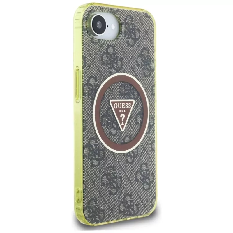 Guess IML Metal Glitter 4G Circle Triangle MagSafe puzdro pre Apple iPhone 16e (hnedá)