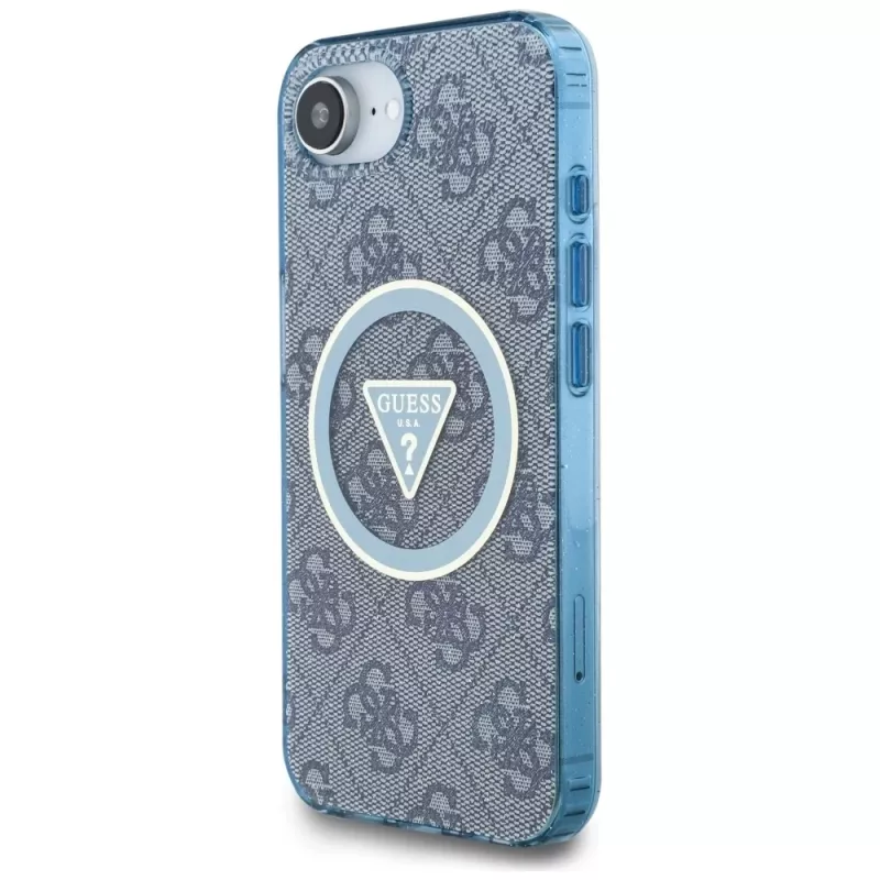 Guess IML Metal Glitter 4G Circle Triangle MagSafe puzdro pre iPhone 16e (modrá)