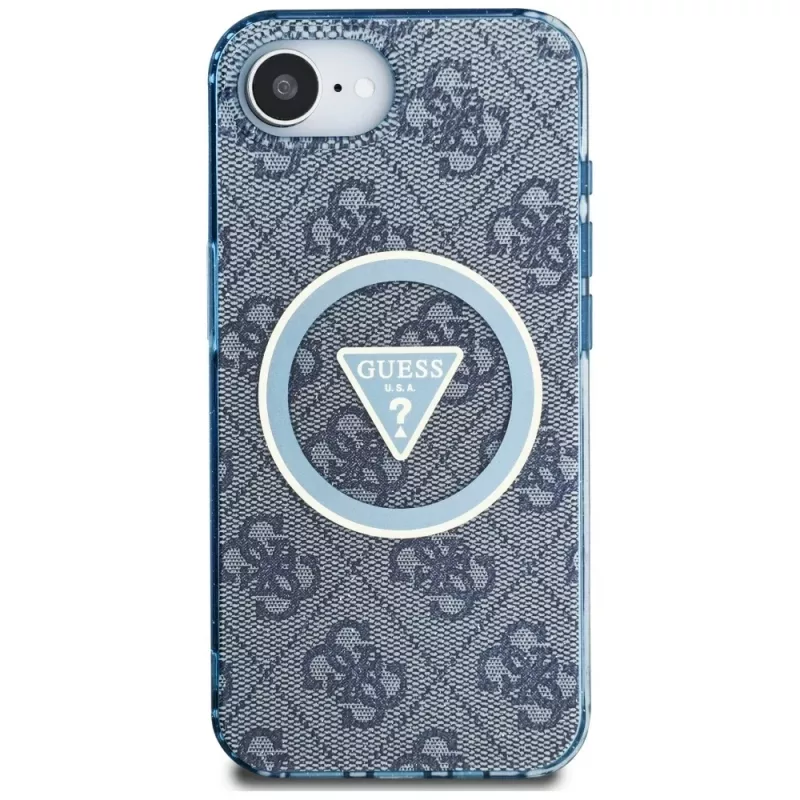 Guess IML Metal Glitter 4G Circle Triangle MagSafe puzdro pre iPhone 16e (modrá)
