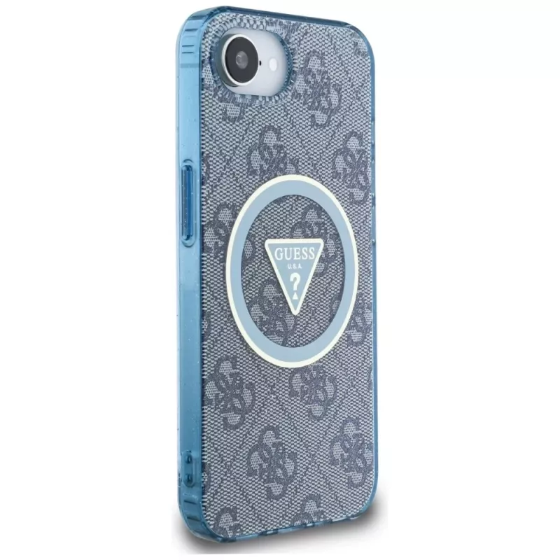 Guess IML Metal Glitter 4G Circle Triangle MagSafe puzdro pre iPhone 16e (modrá)