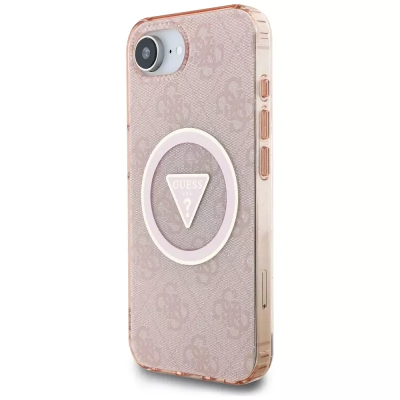 Guess IML Metal Glitter 4G Circle Triangle MagSafe puzdro pre Apple iPhone 16e (ružová)