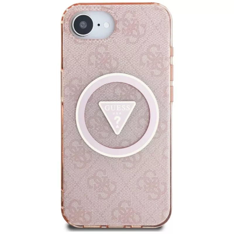 Guess IML Metal Glitter 4G Circle Triangle MagSafe puzdro pre Apple iPhone 16e (ružová)