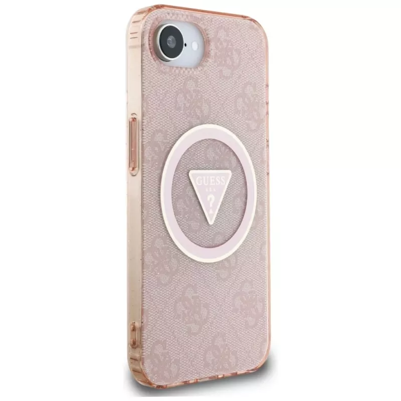 Guess IML Metal Glitter 4G Circle Triangle MagSafe puzdro pre Apple iPhone 16e (ružová)