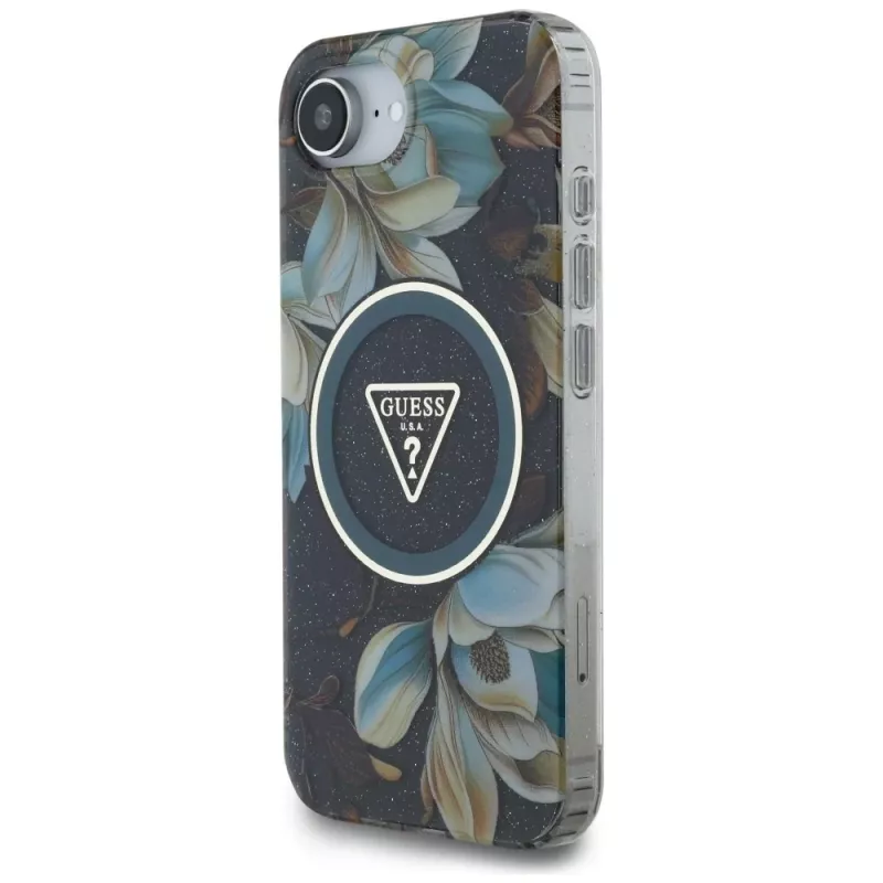 Guess IML Metal Glitter Flowers Triangle MagSafe puzdro pre Apple iPhone 16e (čierna)