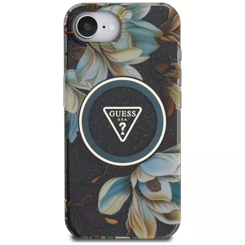 Guess IML Metal Glitter Flowers Triangle MagSafe puzdro pre Apple iPhone 16e (čierna)