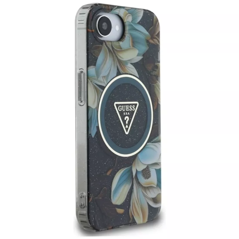 Guess IML Metal Glitter Flowers Triangle MagSafe puzdro pre Apple iPhone 16e (čierna)