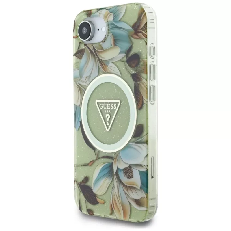 Guess IML Metal Glitter Flowers Triangle MagSafe zadné puzdro pre Apple iPhone 16e, zelená
