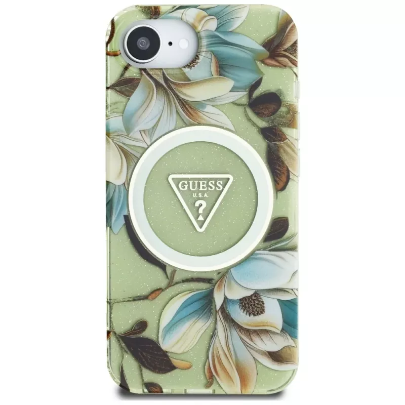 Guess IML Metal Glitter Flowers Triangle MagSafe zadné puzdro pre Apple iPhone 16e, zelená