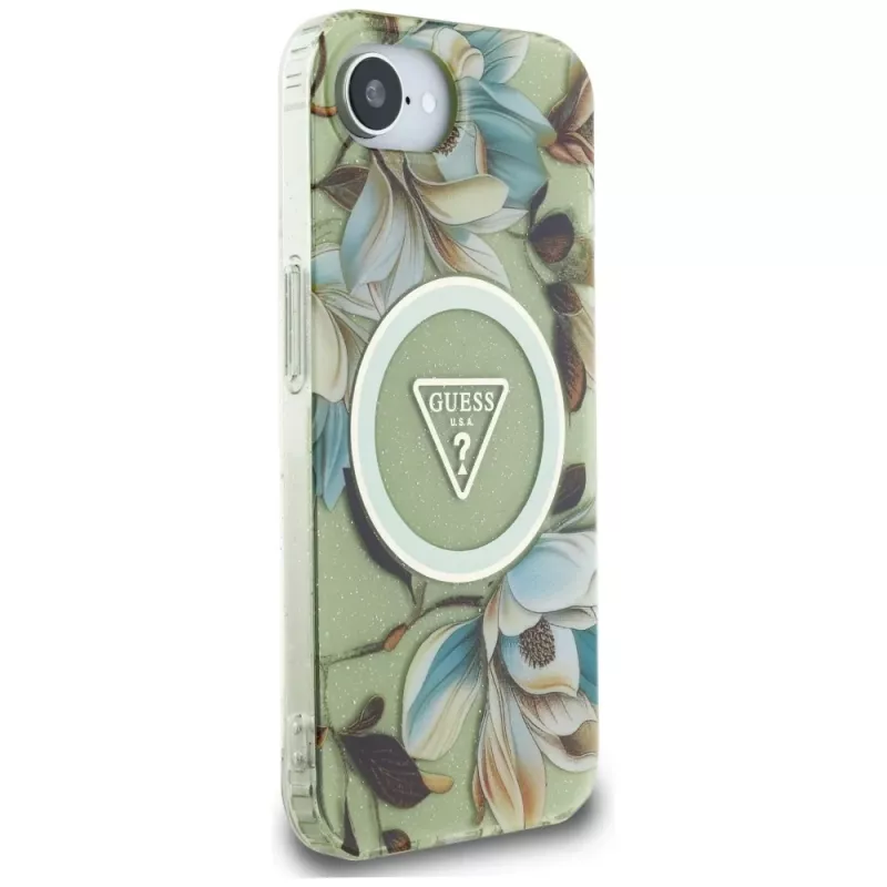 Guess IML Metal Glitter Flowers Triangle MagSafe zadné puzdro pre Apple iPhone 16e, zelená