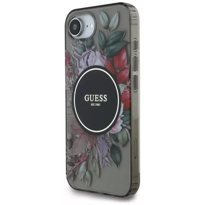 Guess IML Flowers MagSafe puzdro pre iPhone 16e (čierna)